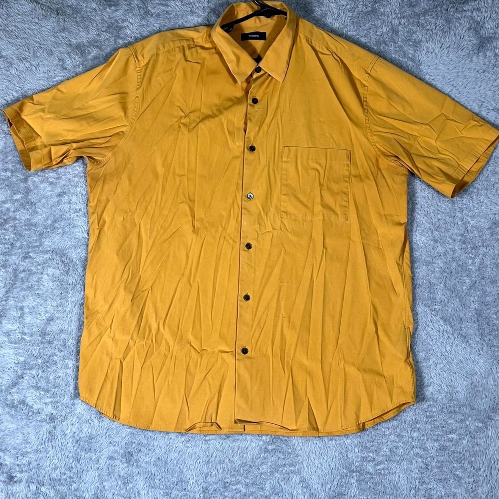 Theory Shirt Mens XL Mustard Yellow Cotton Stretch Pocket Short Sleeve Button Up